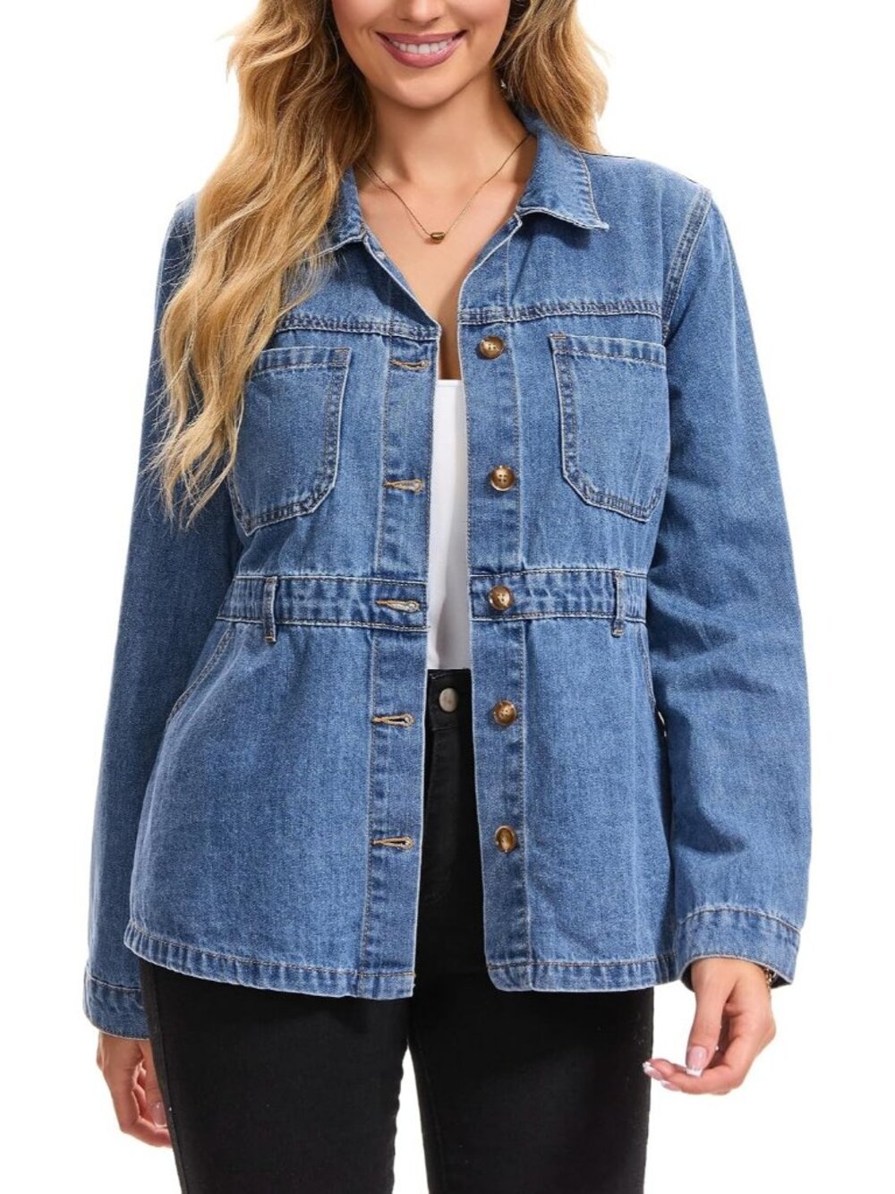 Women's Blue Jean Jacket Long Sleeve Causal Distressed Denim Button Down Jackets